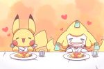  &lt;3 2017 cup drooling duo food fork jirachi legendary_pok&eacute;mon napkin nettsuu nintendo open_mouth pikachu pok&eacute;mon pok&eacute;mon_(species) saliva spoon tongue video_games water 