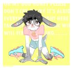  ambiguous_gender anthro black_hair blood blush bracelet brown_eyes bruised clothing crying ear_piercing food fruit fur grey_fur hair jewelry kneeling lagomorph looking_at_viewer mammal matt_donovan piercing rabbit rollerskates sad shorts simple_background solo strawberry suutooroo sweater tears torn_clothing white_fur wounded 