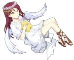  angel_wings brown_footwear chu_kai_man corset cross-laced_footwear dress flower frilled_sleeves frills full_body hair_ornament half_updo head_wreath heart heart_hair_ornament long_hair looking_at_viewer love_live! love_live!_sunshine!! olive_wreath pillow pillow_hug pink_flower pink_rose reclining red_hair rose sakurauchi_riko sandals short_sleeves smile solo star_pillow transparent_background white_dress white_flower white_rose white_wings wings yellow_eyes 