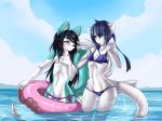  2016 4:3 anthro bikini black_hair blue_hair blush breasts canine cleavage clothed clothing conditional_dnp countershading dog duo female fish fluffy fluffy_tail frilly front_view fur girly green_fur grey_skin hair hand_on_chest husky inflatable inner_ear_fluff long_hair long_tail looking_away male mammal marine mrawl multicolored_fur nipple_piercing nipples nomi_(iroka) non-mammal_breasts partially_submerged piercing pool_toy ribbons sea shark skimpy small_breasts smile standing stripes swim_ring swimsuit tongue tongue_out topless two_tone_fur water wet white_countershading white_fur wide_hips zeke_fierceclaw 