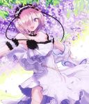  bare_shoulders bracelet commentary_request cosplay dress euryale euryale_(cosplay) fate/grand_order fate_(series) hair_over_one_eye hairband inaeda_kei jewelry lolita_hairband looking_at_viewer mash_kyrielight purple_eyes purple_hair short_hair solo twintails white_dress 