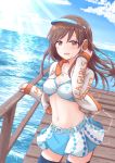  belt bikini blush breasts brown_eyes brown_hair cleavage cloud copyright_name cowboy_shot day floating_hair groin hand_in_hair headphones headset hitsuji_nata idolmaster idolmaster_cinderella_girls jacket jewelry long_hair looking_at_viewer medium_breasts midriff navel necklace nitta_minami ocean open_clothes open_jacket open_mouth outdoors pendant pier skirt sky smile solo sparkle standing sunlight swimsuit thighhighs twitter_username wind 
