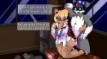  2017 3_fingers 3_toes animal_genitalia animal_penis anthro armor balls barbed_penis biped blonde_hair blue_headwear bottomless breasts brown_ears brown_fur callie_briggs canine canine_penis cat cleavage clothed clothing collared_shirt desk detailed_background dialogue digital_media_(artwork) duo english_text erection eyelashes eyewear feline female fingers fur glasses green_eyes grey_ears grey_fur grey_nose hair headwear helmet hi_res hybrid hybrid_penis inside kitt_(kitt_kitten) kitt_kitten kneeling knot male male/female mammal navel office on_desk open_mouth pawpads penis pink_pawpads question red_penis sheath shirt speech_bubble standing swat_kats teeth text toes topwear white_balls white_clothing white_fur white_shirt white_topwear window wolf 
