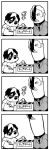 4koma :o bangs bkub caligula_(game) comic commentary_request greyscale hair_over_one_eye halftone looking_up medal monochrome multicolored_hair multiple_boys neck pressing protagonist_(caligula) pushbutton rectangular_mouth satake_shougo school_uniform shirt short_hair sign simple_background speech_bubble sweatdrop swept_bangs t-shirt talking translation_request two-tone_hair warning_sign white_background 