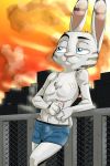  2018 akiric anthro blue_eyes boxer_briefs bulge chest_tuft clothed clothing disney ear_markings facial_markings fur_markings half-closed_eyes jack_savage lagomorph leaning male mammal markings outside rabbit scar solo topless tuft underwear zootopia 