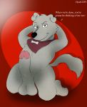  anthro balls bandanna canine dialogue dog erection family_guy fur grey_fur humanoid_penis hyde3291 kneeling looking_at_viewer male mammal new_brian penis pose presenting presenting_penis red_background simple_background smile solo 