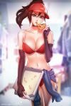  bare_shoulders black_choker black_flower blue_eyes blurry blurry_background breasts brown_hair choker eating elbow_gloves fingerless_gloves flower food gloves image_sample large_breasts league_of_legends long_hair looking_at_viewer navel paid_reward patreon_reward pink_lady_mage pizza pizza_delivery pizza_delivery_sivir ponytail sivir solo stomach thighhighs 