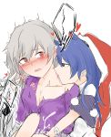  bangs black_eyes blue_hair blush breasts cleavage collarbone doremy_sweet feathered_wings fingering grey_hair grey_wings hat heart highres idaku kishin_sagume licking long_hair looking_at_another medium_breasts multiple_girls neck_licking nightcap off_shoulder pom_poms red_eyes red_hat saliva single_wing tearing_up tongue tongue_out touhou white_background wings yuri 