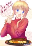  :d blonde_hair blue_eyes blush fang food gt_(acidhead_gt) happy holding_hands kuneru_marta long_hair looking_at_viewer marta open_mouth portuguese smile solo steak sweater translated turtleneck 