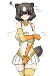  alternate_breast_size alternate_costume animal_ears bare_shoulders bear_ears bear_tail blush brown_bear_(kemono_friends) brown_hair commentary_request cosplay elbow_gloves embarrassed eyebrows_visible_through_hair gloves golden_snub-nosed_monkey_(kemono_friends) golden_snub-nosed_monkey_(kemono_friends)_(cosplay) highres impossible_clothes impossible_leotard kemono_friends leotard multicolored_hair nose_blush short_hair solo squiggle sweatdrop tail thighhighs user_rrrm2784 white_hair 