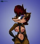  alhedgehog blue_eyes breasts chipmunk clothing female gloves leather_straps leggings legwear mammal nipples rodent sally_acorn sonic_(series) 