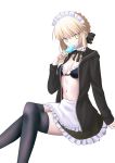  absurdres apron arm_support artoria_pendragon_(all) artoria_pendragon_(swimsuit_rider_alter) black_bra black_jacket black_legwear black_ribbon blonde_hair bra breasts brown_skirt choker cleavage crossed_legs eyebrows_visible_through_hair fate/grand_order fate/stay_night fate_(series) food frilled_apron frilled_bra frilled_skirt frills hair_between_eyes hair_ribbon highres holding holding_food ice_cream invisible_chair jacket looking_at_viewer maid maid_headdress miniskirt mishiro0229 navel open_clothes open_jacket ribbon short_hair simple_background sitting skirt small_breasts solo thighhighs underwear unzipped white_apron white_background yellow_eyes 