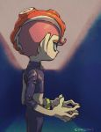  artist_name asymmetrical_clothes black_pants black_shirt blue_background blue_eyes closed_mouth cokeshi cowboy_shot expressionless fingers_together long_sleeves male_focus midriff octarian octoling pants red_hair shirt simple_background splatoon_(series) splatoon_2 splatoon_2:_octo_expansion tentacle_hair undercut 