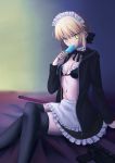  absurdres apron artoria_pendragon_(all) artoria_pendragon_(swimsuit_rider_alter) bed_sheet black_bra black_jacket black_legwear black_ribbon blonde_hair bra breasts brown_skirt choker cleavage crossed_legs eyebrows_visible_through_hair fate/grand_order fate/stay_night fate_(series) food frilled_apron frilled_bra frilled_skirt frills gun hair_between_eyes hair_ribbon highres holding holding_food ice_cream indoors jacket looking_at_viewer maid maid_headdress miniskirt mishiro0229 open_clothes open_jacket ribbon short_hair sitting skirt small_breasts solo thighhighs underwear unzipped weapon white_apron yellow_eyes 