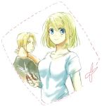  1girl alternate_hairstyle black_shirt blonde_hair blue_eyes blush breasts commentary earrings edward_elric expressionless fingernails fullmetal_alchemist holding holding_scissors jewelry looking_at_viewer looking_back medium_breasts scissors shirt short_hair simple_background smile tsukuda0310 white_background white_shirt winry_rockbell yellow_eyes 