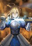 ahoge armor armored_dress artoria_pendragon_(all) blonde_hair captain_an commentary_request excalibur fate/grand_order fate/stay_night fate_(series) faulds gauntlets glowing glowing_sword glowing_weapon green_eyes highres holding holding_sheath holding_sword holding_weapon plackart saber sheath solo sword unsheathing weapon 
