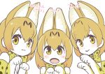  animal_ears bare_shoulders blonde_hair blush bow bowtie elbow_gloves eyebrows_visible_through_hair gloves kemono_friends kuzumochiko multicolored_hair multiple_girls multiple_persona paw_pose serval_(kemono_friends) serval_ears serval_print serval_tail short_hair tail translated yellow_eyes 