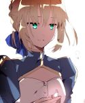  artoria_pendragon_(all) blonde_hair blue_dress blue_ribbon breasts cleavage_cutout closed_mouth commentary_request dress fate/stay_night fate_(series) green_eyes hair_ribbon hiiragi_fuyuki juliet_sleeves long_sleeves puffy_sleeves ribbon saber short_hair simple_background small_breasts smile solo upper_body white_background 