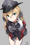  anchor black_skirt blonde_hair gloves green_eyes grey_background hair_between_eyes hat highres hoshimiya_mashiro kantai_collection long_hair long_sleeves low_twintails military military_uniform peaked_cap pleated_skirt prinz_eugen_(kantai_collection) simple_background skirt smile solo twintails uniform white_gloves 