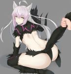  absurdres agrius_metamorphosis all_fours animal_ears ass atalanta_(alter)_(fate) atalanta_(fate) cat_ears fate/grand_order fate_(series) fur_gloves fur_trim gloves grabbing green_eyes grey_background hair_between_eyes highres holding_tail long_hair maruya1006 silver_hair simple_background solo_focus tail thighhighs very_long_hair yellow_eyes 