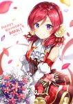  artist_name ascot bouquet bow collared_dress dated detached_sleeves dress flower hair_flower hair_ornament hairband happy_birthday highres holding holding_bouquet looking_at_viewer love_live! love_live!_school_idol_project nishikino_maki nonono petals purple_eyes red_hair solo striped striped_bow white_neckwear 