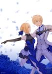 1girl absurdres ahoge arthur_pendragon_(fate) artist_name artoria_pendragon_(all) black_gloves blonde_hair blue_dress blue_flower blue_neckwear blue_ribbon braided_bun breasts dancing dress elbow_gloves eye_contact eyebrows_visible_through_hair fate_(series) flower formal gloves green_eyes hair_between_eyes hair_ribbon hand_on_another's_hip highres looking_at_another medium_breasts necktie outstretched_arms pants ribbon saber sidelocks sleeveless sleeveless_dress smile striped tiarii_art tied_hair vertical_stripes white_background white_pants 