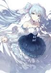  bangs bare_shoulders blue_dress blue_hair closed_mouth collarbone commentary dress eyebrows_visible_through_hair grey_eyes hair_between_eyes hatsune_miku juliet_sleeves lf long_hair long_sleeves puffy_sleeves skirt_hold smile snowflakes solo strapless strapless_dress tiara twintails very_long_hair vocaloid white_background yuki_miku 