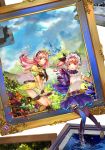  absurdres atelier_(series) atelier_lydie_&amp;_suelle boots bow bowtie breasts cleavage cloud flower gem hairband highres leaf long_hair lydie_marlen mizukiyan multiple_girls open_mouth pink_eyes pink_hair rainbow siblings side_ponytail sisters sitting sky small_breasts suelle_marlen thighhighs water 