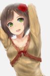  1girl :d absurdres arms_behind_head arms_up braco bright_background brown_hair commentary flower green_eyes hair_flower hair_ornament highres idolmaster idolmaster_cinderella_girls long_sleeves maekawa_miku open_mouth short_hair simple_background smile solo upper_body white_background 