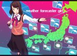  :d black_skirt blue_umbrella brown_eyes gradient gradient_background japan long_skirt looking_at_viewer medium_hair open_mouth original over_shoulder parasol pink_background pointer purple_background red_neckwear ryokucha_michi skirt smile solo standing umbrella 