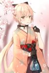  black_bow black_gloves blush bow bow_choker braid canape_(canape0130) cherry_blossoms choker collarbone commentary_request eyebrows_visible_through_hair festival floral_print flower from_behind girls_frontline gloves hair_bow hair_ribbon hakama half_gloves high-waist_skirt holding holding_flower holster japanese_clothes long_hair looking_at_viewer meiji_schoolgirl_uniform obi orange_eyes ots-14_(girls_frontline) parted_lips petals pink_hair ribbon sash skirt smile solo thigh_holster thigh_strap thighs torn_clothes torn_hakama torn_skirt very_long_hair 