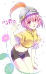  :d black_shorts feathers flower flower_knight_girl frills helmet looking_at_viewer midriff open_mouth pink_eyes pink_hair rhodanthe_(flower_knight_girl) satou_satoru shirt short_hair shorts signature simple_background smile solo white_background yellow_shirt 