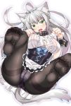  agrius_metamorphosis ahoge alternate_costume animal_ears atalanta_(alter)_(fate) atalanta_(fate) belt_collar black_legwear breasts cat_ears cat_girl cat_tail enmaided eyebrows_visible_through_hair fang fate/grand_order fate_(series) feet green_eyes grey_hair gusset hair_between_eyes large_breasts looking_at_viewer lying maid no_shoes on_back open_mouth panties pantyhose paw_pose shirokuma_a soles solo tail thighband_pantyhose underwear white_panties wrist_cuffs 