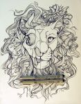  2017 branch casynuf fangs feline feral flower front_view fur headshot_portrait hi_res inner_ear_fluff intersection leaves line_art lion looking_up male mammal mane monochrome pen pen_(artwork) plant portrait signature solo traditional_media_(artwork) 