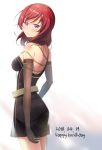  backless_dress backless_outfit belt black_dress black_gloves breasts chain dated dress elbow_gloves gloves gold_chain happy_birthday jewelry large_breasts looking_at_viewer looking_back love_live! love_live!_school_idol_project medium_hair nishikino_maki purple_eyes red_hair redame single_strap smile solo 