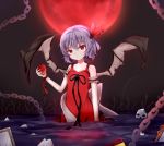  arm_strap black_ribbon black_wings breasts chain cleavage dress eyebrows_visible_through_hair food fruit full_moon hair_between_eyes hanen_(borry) head_tilt highres holding holding_food holding_fruit moon night outdoors purple_hair red_dress red_moon red_ribbon remilia_scarlet ribbon short_hair skull sleeveless sleeveless_dress small_breasts solo standing torn_wings touhou wading wings wrist_ribbon 