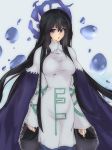  black_hair blue_cape blush breasts bubble cape dress elfenlied22 hair_between_eyes houshin_engi large_breasts long_eyelashes long_hair long_sleeves looking_to_the_side purple_eyes ryuukitsu_koushu solo standing tight very_long_hair water wide_sleeves 