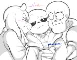  angry animated_skeleton anthro blush bone boss_monster caprine clothed clothing friisans goat group hoodie horn hug male mammal papyrus_(undertale) sans_(undertale) serious skeleton skull text toriel undead undertale video_games 