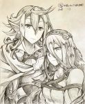  1girl aqua_(fire_emblem_if) cape fire_emblem fire_emblem_if graphite_(medium) long_hair looking_at_viewer male_my_unit_(fire_emblem_if) my_unit_(fire_emblem_if) pointy_ears shiratsu_(white-seaside) smile traditional_media 