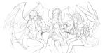  aa_megami-sama ahoge antenna_hair belldandy breasts center_opening elbow_gloves facial_mark forehead_mark gloves greyscale gtunver large_breasts long_hair looking_at_viewer medium_breasts monochrome multiple_girls siblings sisters skuld small_breasts urd wings work_in_progress 