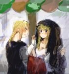  1girl annoyed automail bangs black_shirt blonde_hair blue_eyes blurry blurry_background blush borrowed_garments braid coat coat_over_head coat_removed commentary edward_elric eyebrows_visible_through_hair frown fullmetal_alchemist jacket jacket_removed long_hair looking_at_another open_mouth rain shirt sleeveless sweatdrop tsukuda0310 white_shirt winry_rockbell yellow_eyes 