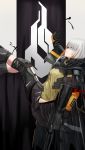  armor assault_rifle bangs belt black_coat black_footwear black_gloves black_legwear black_skirt blunt_bangs boots buckle coat commentary corruption eyepatch flag girls_frontline gloves gun holding holding_gun holding_weapon jacket knee_boots knee_pads kneehighs long_hair looking_at_hand m16a1 m16a1_(girls_frontline) mole mole_under_eye multicolored_hair necktie orange_hair pleated_skirt reclining rifle sangvis_ferri shirt sidelocks skirt solo spoilers streaked_hair trigger_discipline tsuaaa weapon white_hair 