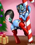  2018 anibaruthecat animal_genitalia animal_penis anus balls blush candy candy_cane christmas christmas_tree clothing cutie_mark equine equine_penis eyewear fan_character food gift girly glasses hi_res holidays horn legwear looking_at_viewer male mammal my_little_pony penis solo tree unicorn vein 