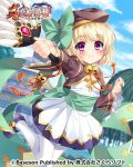  bell blonde_hair bow brown_jacket bucchake_(asami) building cloud copyright_name cropped_jacket day dress feather_fan gem hat holding jacket jingle_bell koihime_musou leg_lift mary_janes obi official_art outdoors outstretched_arm pantyhose red_eyes ribbon sash shoes shokatsuryou short_hair sky smile solo standing standing_on_one_leg white_dress white_legwear 