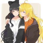  black_hair blake_belladonna blonde_hair bow cardigan commentary friends hair_bow hair_ornament hand_on_another's_shoulder highres hood hooded_jacket isshiki_(ffmania7) jacket long_hair multiple_girls one_eye_closed purple_eyes rwby smile upper_body yang_xiao_long yellow_eyes 