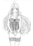 aa_megami-sama ahoge breasts corset facial_mark forehead_mark greyscale highres lingerie long_hair looking_at_viewer monochrome panties skuld small_breasts solo thighhighs underwear 