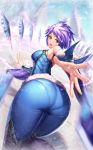  ass bare_shoulders bent_over bodysuit breasts frostblade_irelia ice irelia league_of_legends leg_lift looking_at_viewer looking_back moonandmist open_mouth outstretched_hand pantylines purple_hair red_eyes short_hair skin_tight smile snow solo thighs 