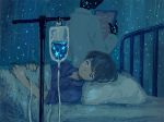  bed bed_frame bed_sheet black_hair black_skin blue blue_eyes clipboard commentary_request dark dark_room indoors intravenous_drip labcoat looking_at_viewer lying monaka_(siromona) on_back original pillow short_hair solo_focus star under_covers 