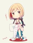  artist_name assassin_(granblue_fantasy) ayuto blonde_hair breasts brown_eyes chibi cleavage cloak commentary_request djeeta_(granblue_fantasy) doll dress granblue_fantasy hood medium_breasts pillow short_hair signature simple_background stuffed_animal stuffed_toy translated 