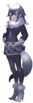  1girl absurdres alternate_footwear animal_ears black_hair blue_eyes boots breast_pocket commentary_request emushake eyebrows_visible_through_hair full_body fur_collar fur_trim gloves grey_hair grey_wolf_(kemono_friends) heterochromia high_heel_boots high_heels highres kemono_friends long_hair long_sleeves multicolored_hair necktie plaid plaid_neckwear plaid_skirt pleated_skirt pocket skirt sleeve_cuffs solo tail thighhighs white_hair wolf_ears wolf_tail yellow_eyes zettai_ryouiki 